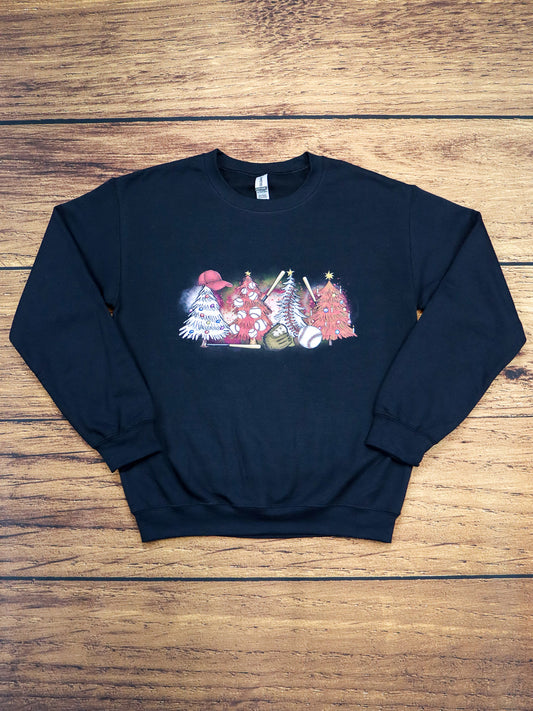 Baseball Christmas Trees- Crewneck Sweatshirt- Black