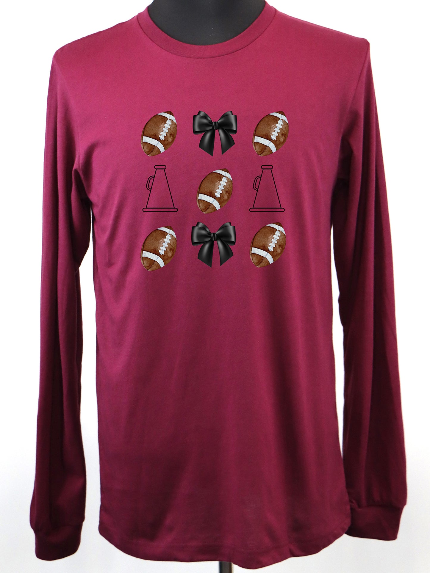 Cheer Megaphone Football Bow LONG SLEEVE TEE- Multiple Colors