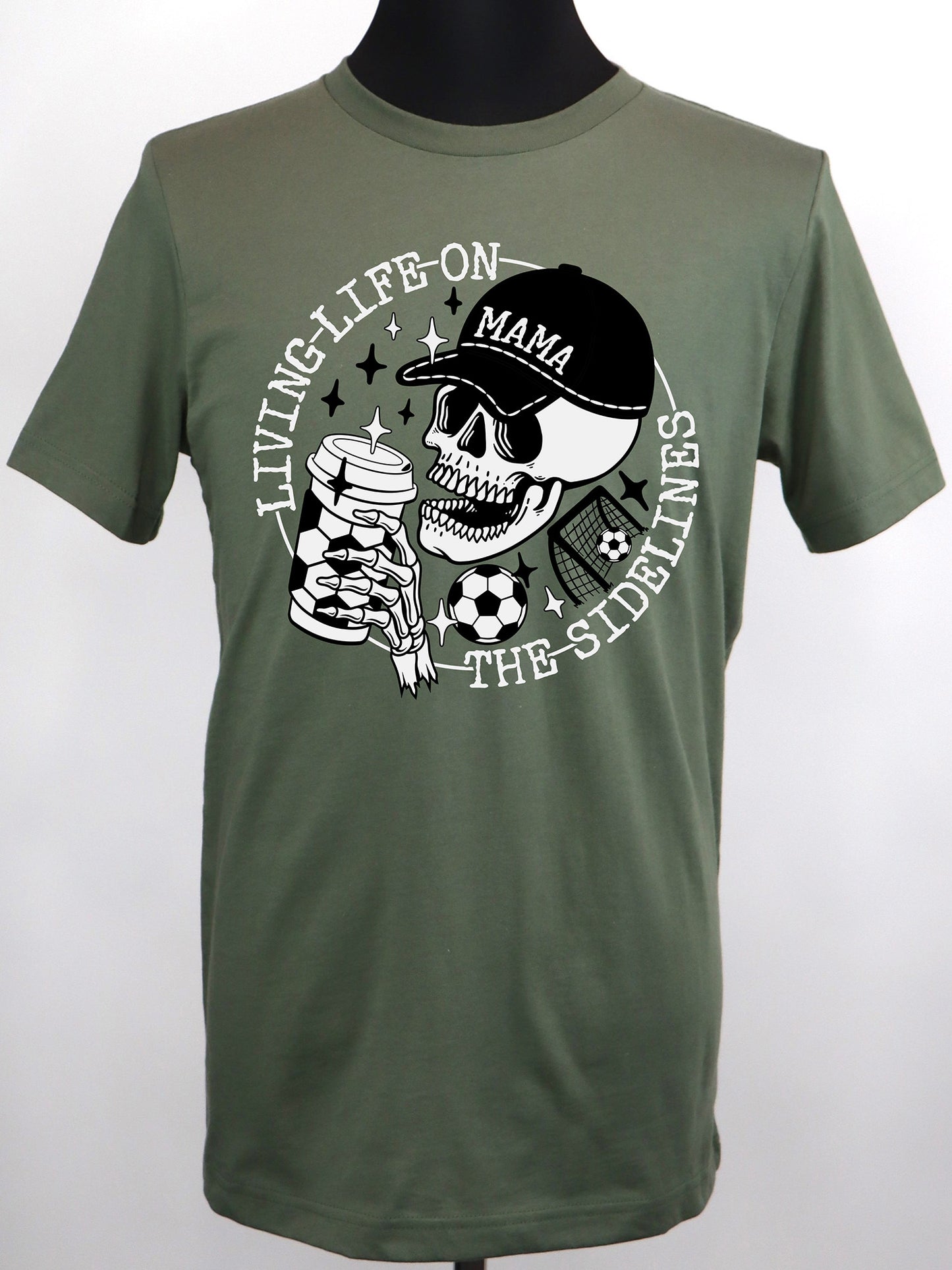Soccer Mama- Life on the Sidelines (blk+wt+wt) TEE- Multiple Colors