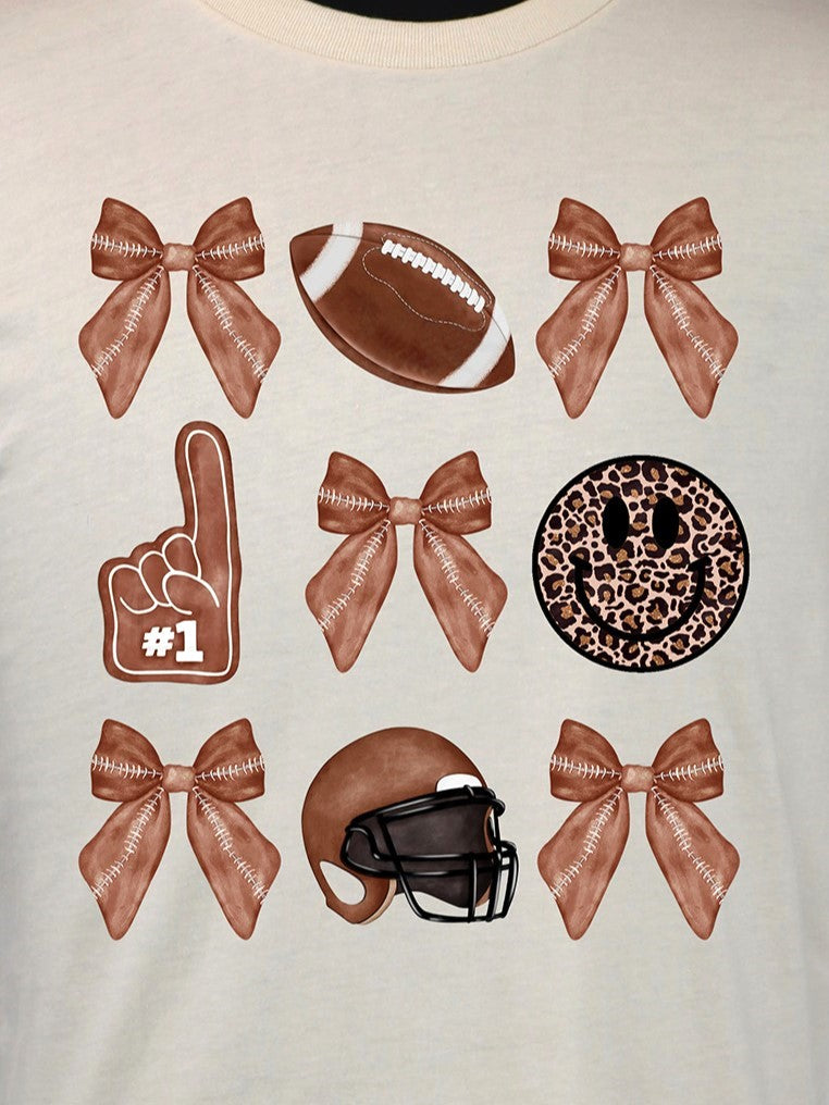 Football Coquette- Bows Helmet Happy Face TEE- Multiple Colors