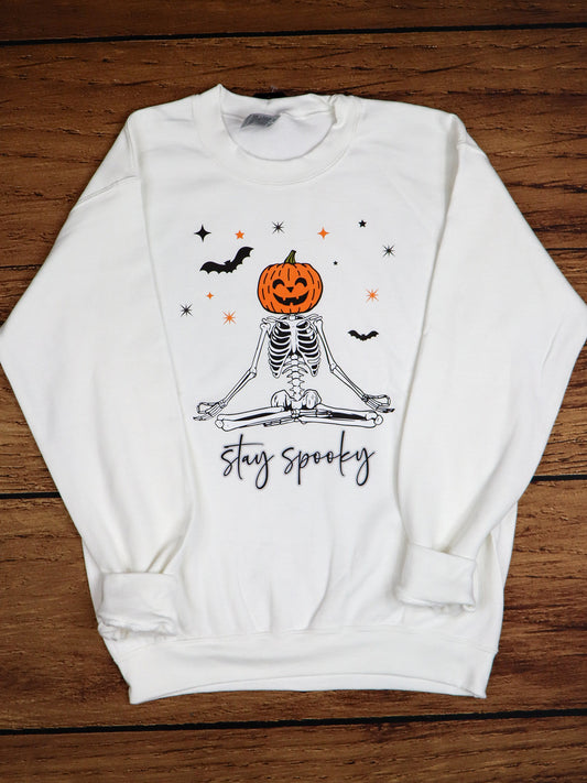 Stay Spooky Meditation Skeleton CREWNECK- White