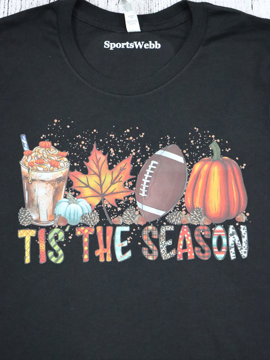 Tis the Season Fall Coffee Pumpkin Football- Black Tee