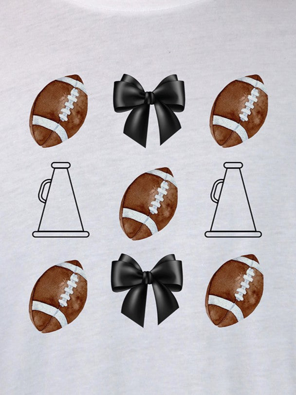 Cheer Megaphone Football Bow LONG SLEEVE TEE- Multiple Colors
