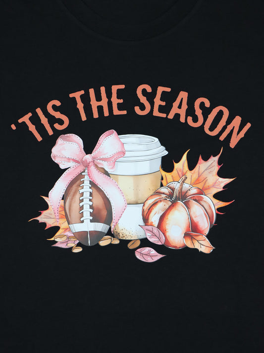 Tis The Season- Fall Football Pink Bow- Black Tee